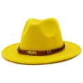 Detail of yellow wool fedora hat with gold feather buckle and bohemian beaded band - Yellow