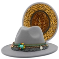 Detail view of grey fedora hat with turquoise stone band and leopard print lining - One Size / Gray
