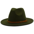 Detail view of olive green wool fedora hat with brown leather belt buckle strap - Army Green