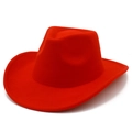 Detail view of a bright red felt cowboy hat with wide curved brim and indented crown - One Size / Red