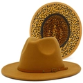 Detailed view of stackable wool fedora hat with leopard print lining and leather belt buckle - Brown