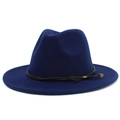 Detail showing the woven rope band and vintage gold leaf charm on navy blue fedora hat - Dark Blue