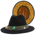 Schwarzer Wollhut mit breiter Krempe, Ethno-Band und auffälligem Leoparden-Innenfutter - Einheitsgröße / Schwarz