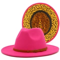 Detail of fuchsia wool fedora hat featuring leopard print lining and leather belt - Rose Red