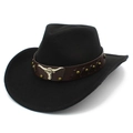 Detail of western cowboy hat featuring a silver bull head badge and brass rivets decoration - One Size / Black