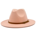 Detail of pink wool fedora hat featuring brown leather band and gold metal hardware - Flesh Pink