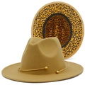 Detail view of khaki wool fedora with gold metal ring and leopard print interior lining - Khaki