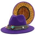 Violetter Fedora-Hut mit Boho-Perlen und verstecktem Leopardenmuster an der Krempe - Einheitsgröße / Lila