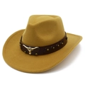Close-up of leather hat band with metallic bull head logo on khaki cowboy fedora - One Size / Khaki