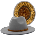 Detail of grey wool fedora showing brown leather band and leopard print lining - Gray