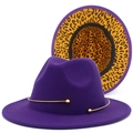 Detail of wide brim purple fedora with leopard print lining and gold metal ring trim - Purple