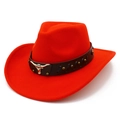 Classic bright red western cowboy hat with studded leather band and bull head ornament - One Size / Red