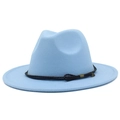 Detail view of the light blue fedora hat showing the brown braided rope and brim texture - Light Blue