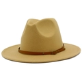 Close-up of camel wool fedora hat with brown leather belt strap and gold metal buckle - Camel