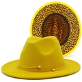 Bright yellow wool fedora hat with leopard print lining and gold metallic band - Yellow