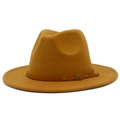 Detail of camel wool fedora hat featuring a brown leather band and metallic buckle accents - Brown