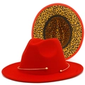 Detail of red fedora hat with leopard print brim lining and gold metal accent - Red