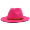 Detail of rose pink fedora with brown faux leather belt strap and metallic buckle - Rose Red