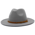 Detailed view of the grey wool fedora hat with a brown leather belt buckle strap - Gray