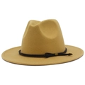 Detail of wool fedora hat with double-strand black rope and gold metal tips - Camel