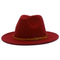 Detail of red wide brim fedora hat with brown leather belt and golden metal buckle decoration - Burgundy