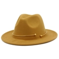 Detailed view of ginger yellow felt fedora with a decorative gold metal ring on the brim - Khaki