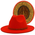 Roter Wollfilzhut mit Leopardenmuster-Futter und braunem Lederband für Damen - Rot