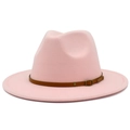 Detail of pink wool fedora hat featuring a brown leather belt with gold buckle and metal studs - Pink