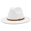 Classic white wool felt fedora hat with a brown leather strap and metal buckle detail - White