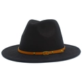 Detail of black wool fedora featuring a brown leather band with gold metal studs - One Size / Black