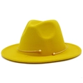 Detail of a bright yellow fedora hat featuring a gold metal ring and wool felt texture - One Size / Yellow