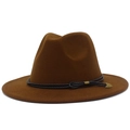 Detail of wide brim wool fedora hat featuring black cord and vintage metal arrow accent - Coffee