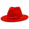 Detailed close-up of a red fedora hat featuring a stylish gold metal band decoration - One Size / Red