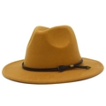 Detail of ginger wool fedora hat with black braided rope and bronze metallic arrows - Brown