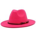 Detail of fuchsia fedora hat with fuchsia wide brim and black braided rope decoration - Rose Red