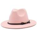 Pink felt fedora hat with flat wide brim and black braided band with metallic tip - Pink