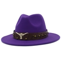 Detail of purple wool fedora with brown leather band and silver bull head ornament - Purple