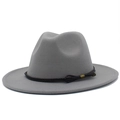 Detail of wool fedora hat with dark brown braided leather band and gold metal hardware - Gray