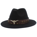 Close-up of black wool felt fedora featuring a leather band with metal bull head ornament - Black