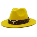 Bright yellow wide brim wool felt fedora with leather band and silver bull head accessory - Yellow