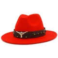 Detailed view of the silver bull head accessory on a red western wool felt hat band - Red