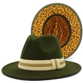 Sombrero fedora verde oscuro de lana con forro de leopardo y banda decorativa a rayas - Talla única / Verde Militar