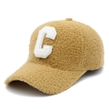 Detailed texture of khaki teddy fleece baseball cap featuring white chenille C patch - Brown