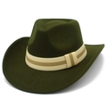 Detail of army green felt fedora hat featuring classic creased crown and striped woven band - Army Green
