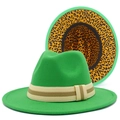 Sombrero fedora verde brillante con forro de leopardo y cinta decorativa bicolor - Talla única / Verde