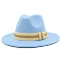 Detail of light blue wool fedora hat featuring a beige and brown striped decorative band - Light Blue