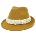 Elegant yellow felt jazz hat for women featuring a stylish band of white pearls - Khaki