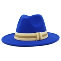 Royal blue wool fedora hat with beige striped ribbon band for men and women - Sapphire Blue