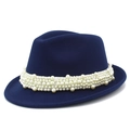Close-up of navy wool fedora hat featuring an elegant layered faux pearl decorative band - Dark Blue