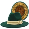 Detalle de sombrero fedora verde oscuro con forro de leopardo y cinta de rayas moda - Talla única / Verde Oscuro
